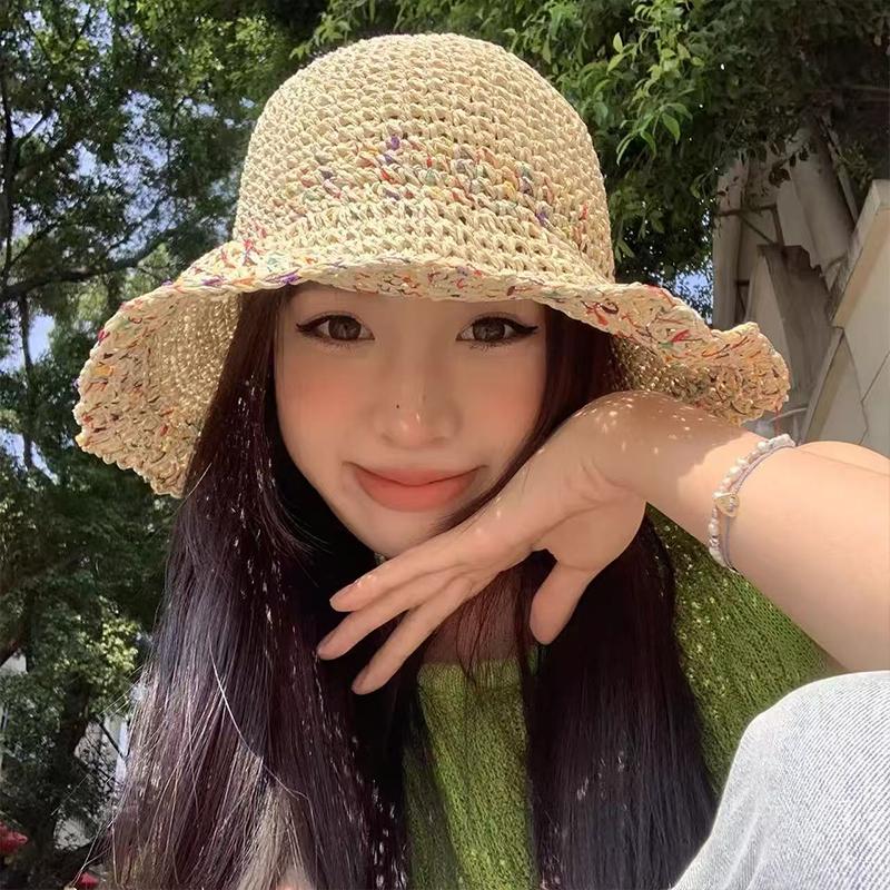 Bucket Hat Straw - Topi Jerami Pelangi Tenun Tangan Wanita,