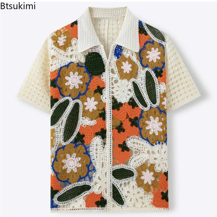 Shirt Camp Collar - Kaos Polo Rajut Crochet Floral Retro