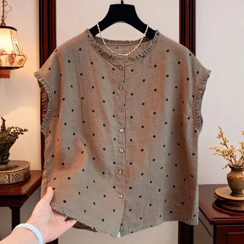 Blus Katun Linen Polkadot Retr - Shirt Camp Collar ulasan dan harga