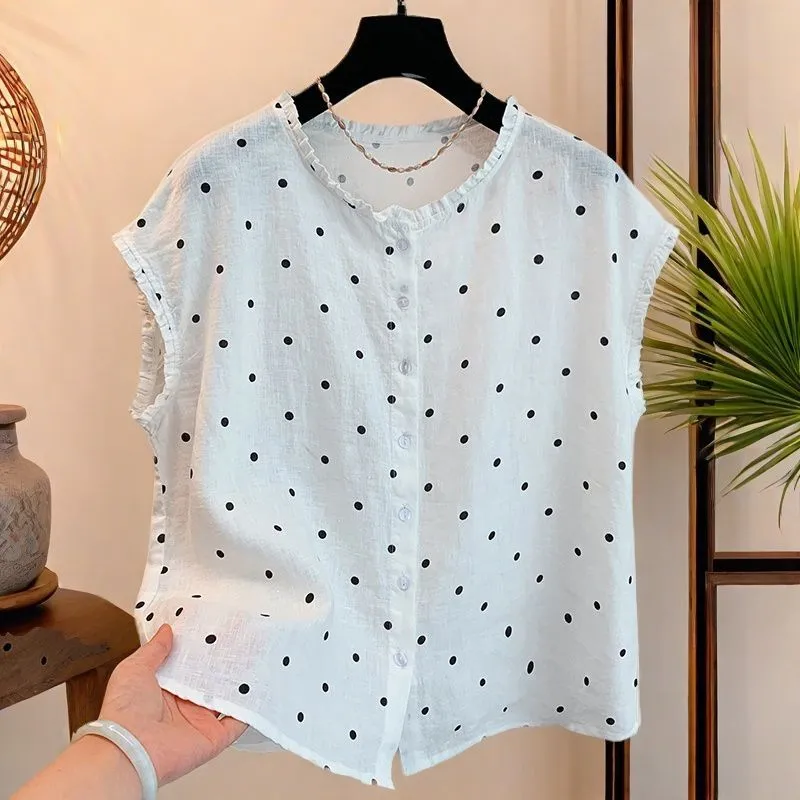 Blus Katun Linen Polkadot Retr - Shirt Camp Collar ulasan dan harga