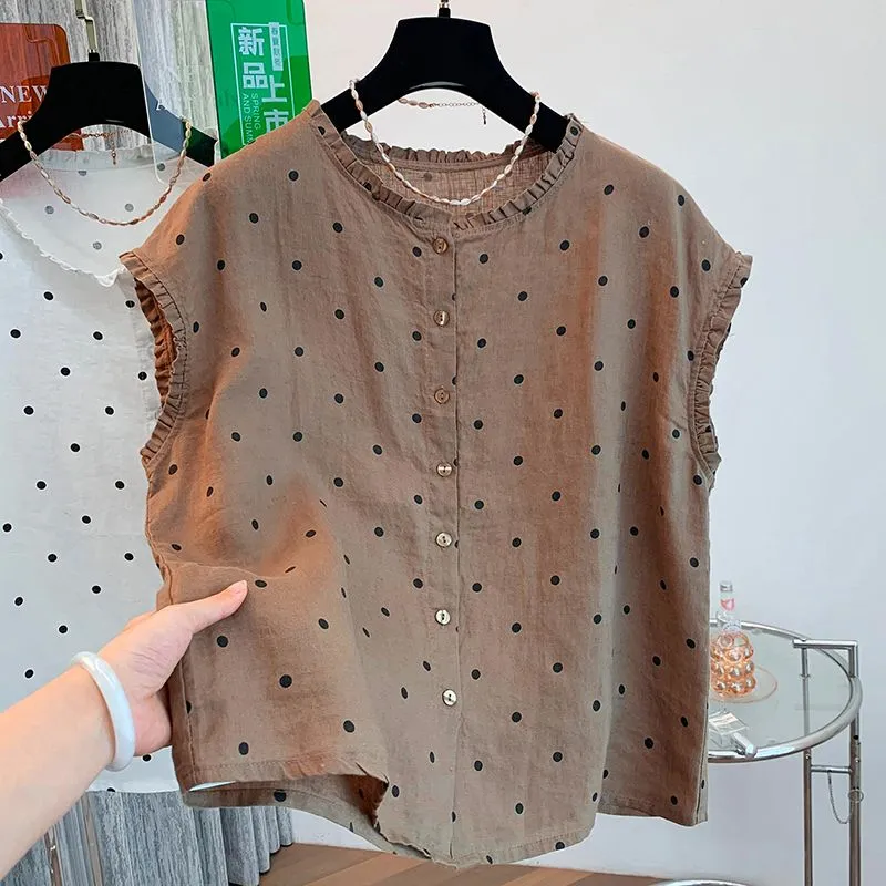 Blus Katun Linen Polkadot Retr - Shirt Camp Collar ulasan dan harga