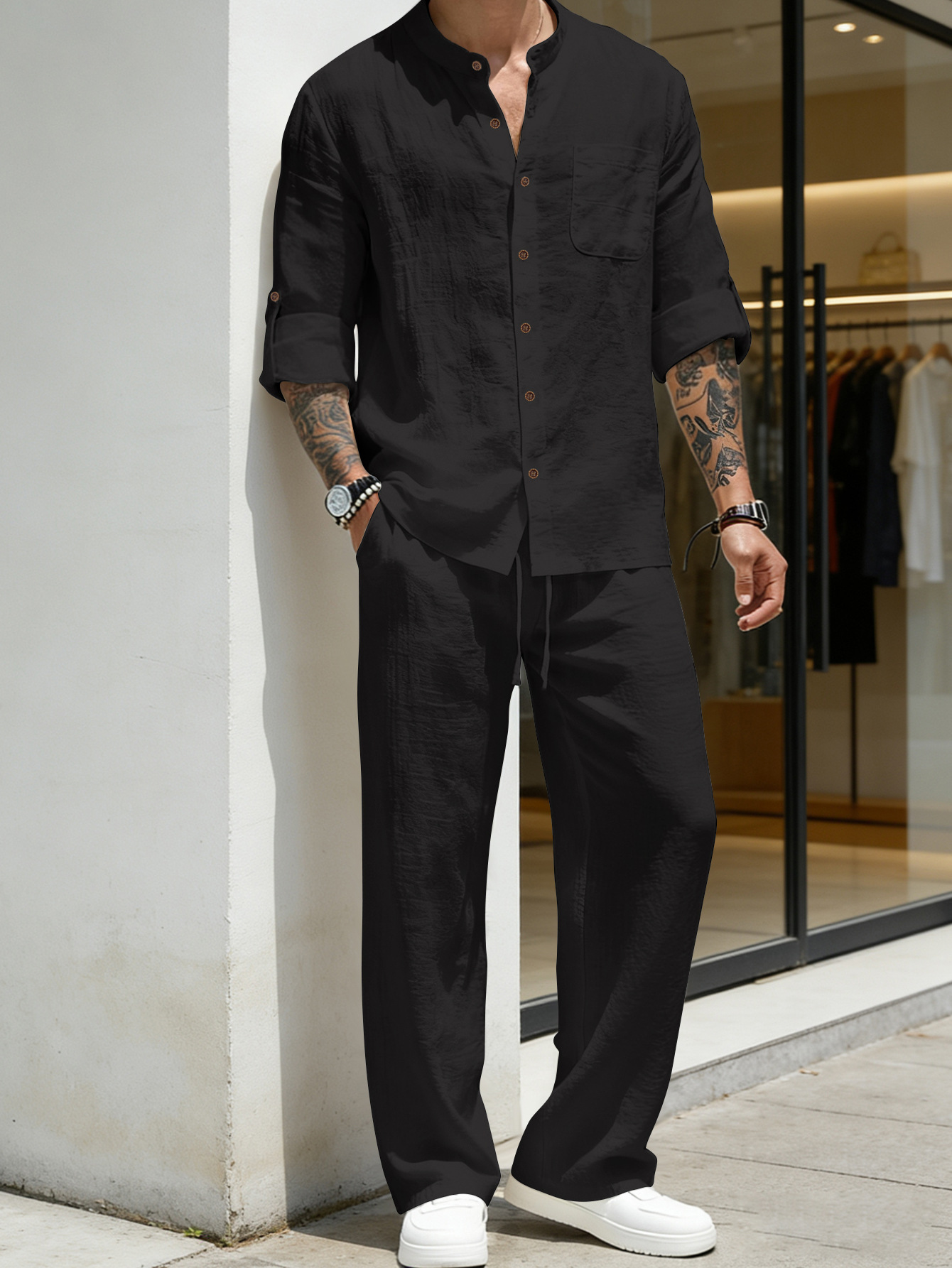 Setelan Kemeja dan Celana Line - Linen Shirt Breathable ulasan dan harga