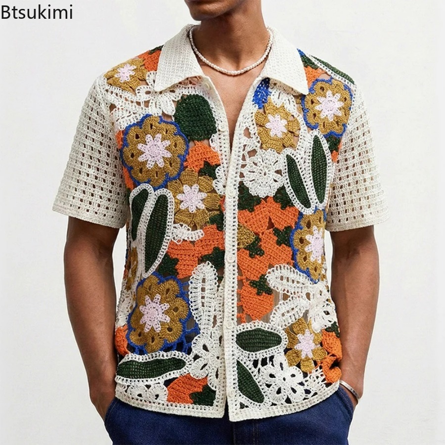 Kaos Polo Rajut Crochet Floral - Shirt Camp Collar ulasan dan harga